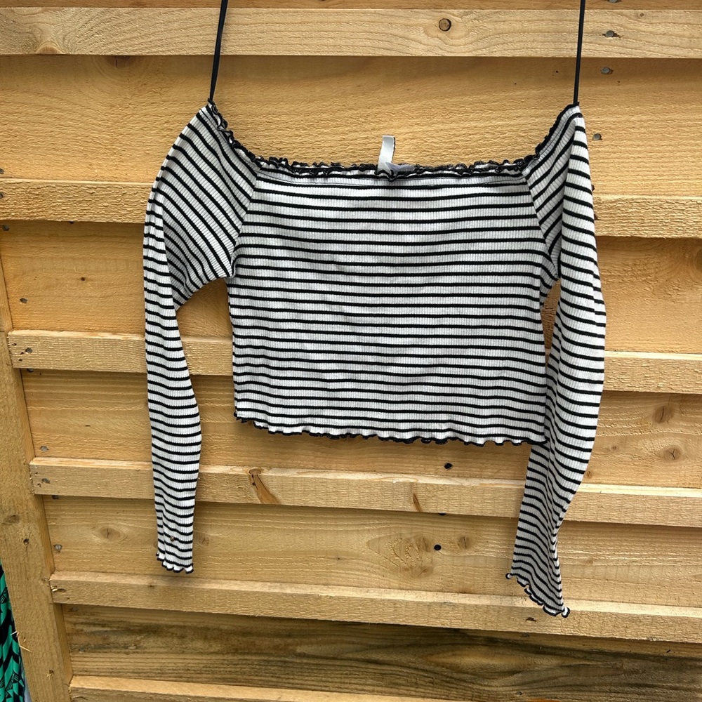 Divided Black and White Striped Off-Shoulder Blouse
